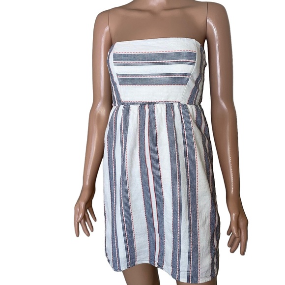 Socialite Strapless Tie Back dress Cream, Navy 100% cotton SZ SM lined - Picture 3 of 9